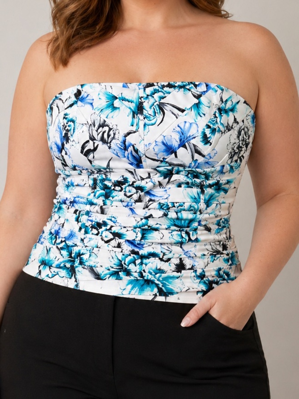 White House Black Market Strapless Floral Bustier Top Size 14 Blue Teal Corset